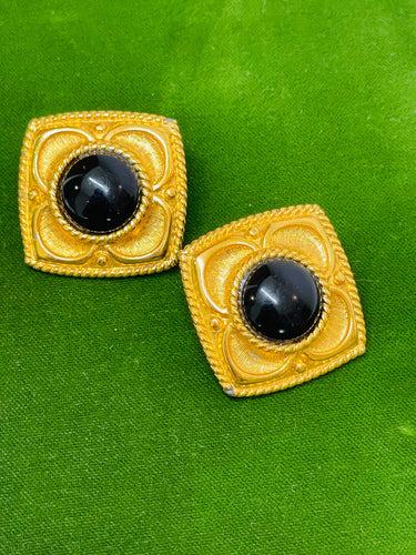 Napier Square Gold Clip On Earrings with Black Enamel Dome Devil's Details